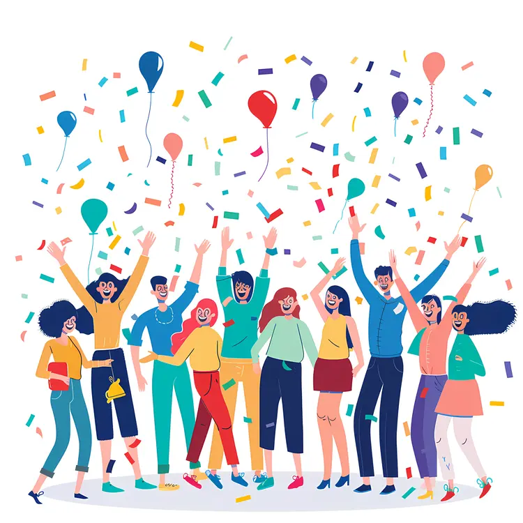 Group of People Celebrating with Confetti and Balloons