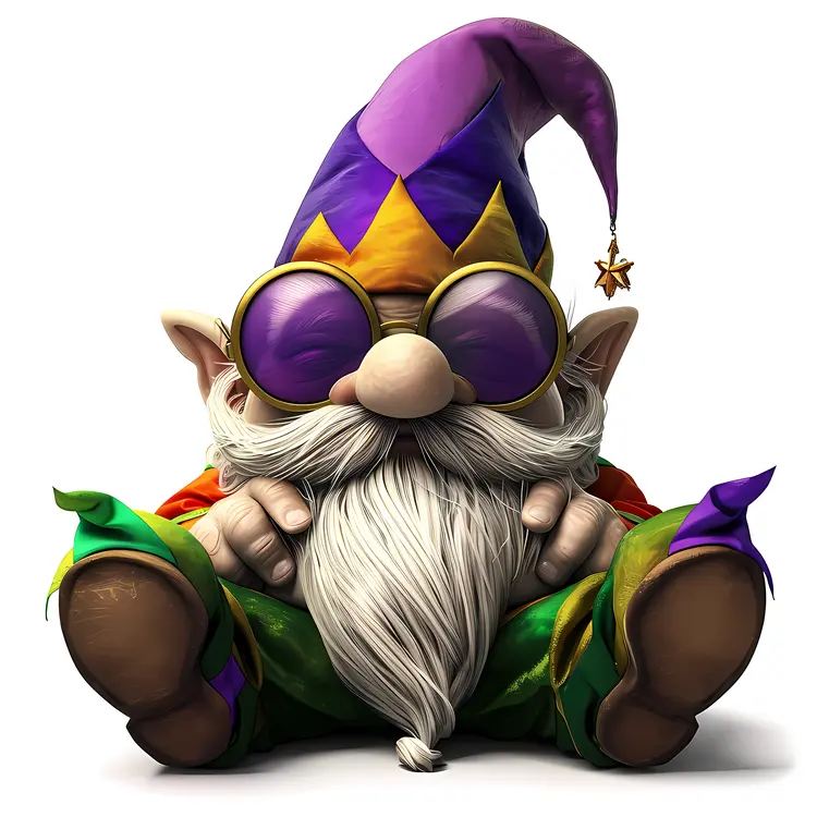 Whimsical Gnome with Sunglasses in Purple and Green