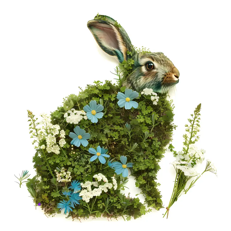 Floral Rabbit with Blue and White Flowers