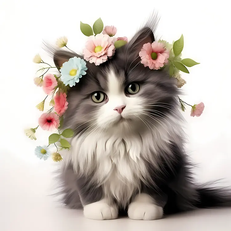 Fluffy Kitten with Flowers