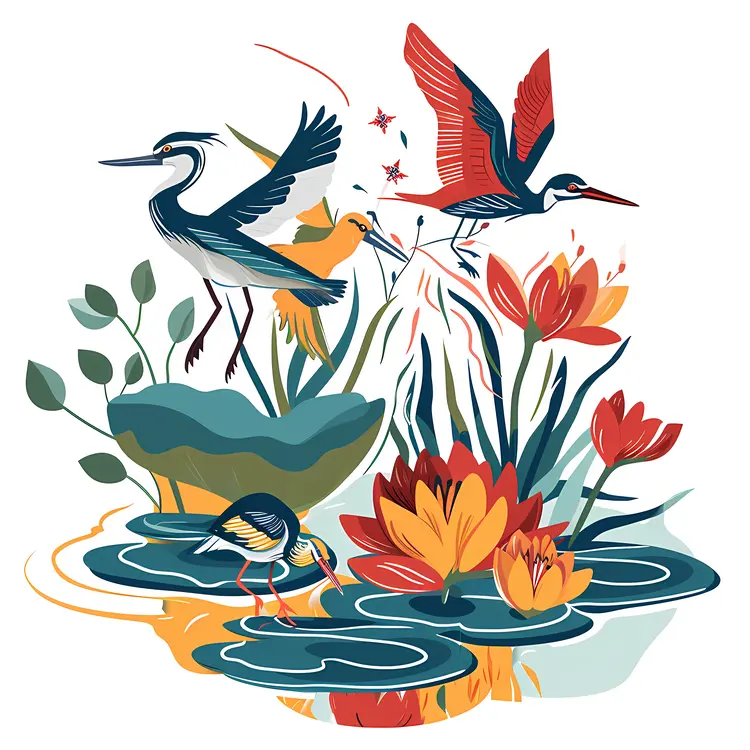 Vibrant Birds in a Lotus Pond