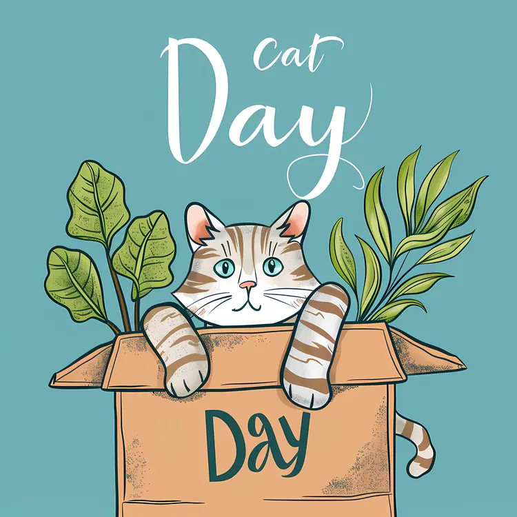 Adorable Cat in a Box with Plants for Cat Day