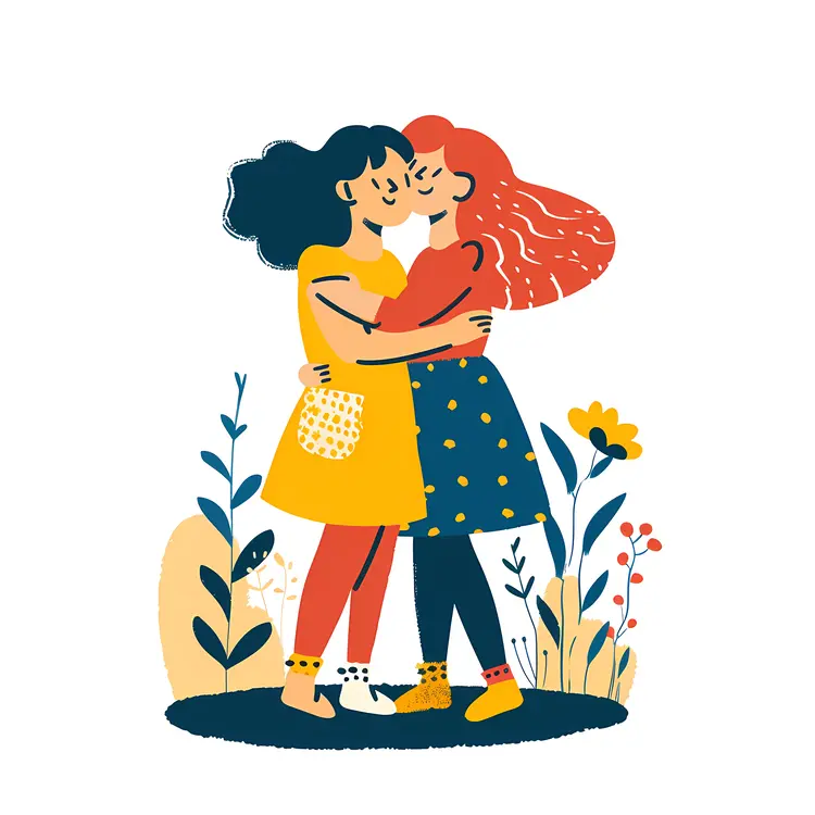 Two People Hugging in Colorful Dresses