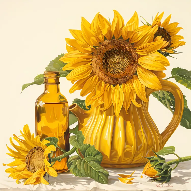 Sunflowers and Oil Bottle Still Life