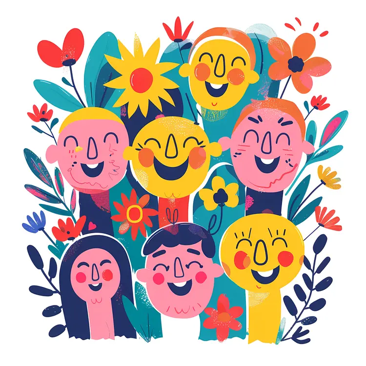 Group of Happy Faces with Flowers