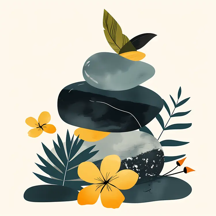 Zen Stacked Stones with Yellow and Green Leaves