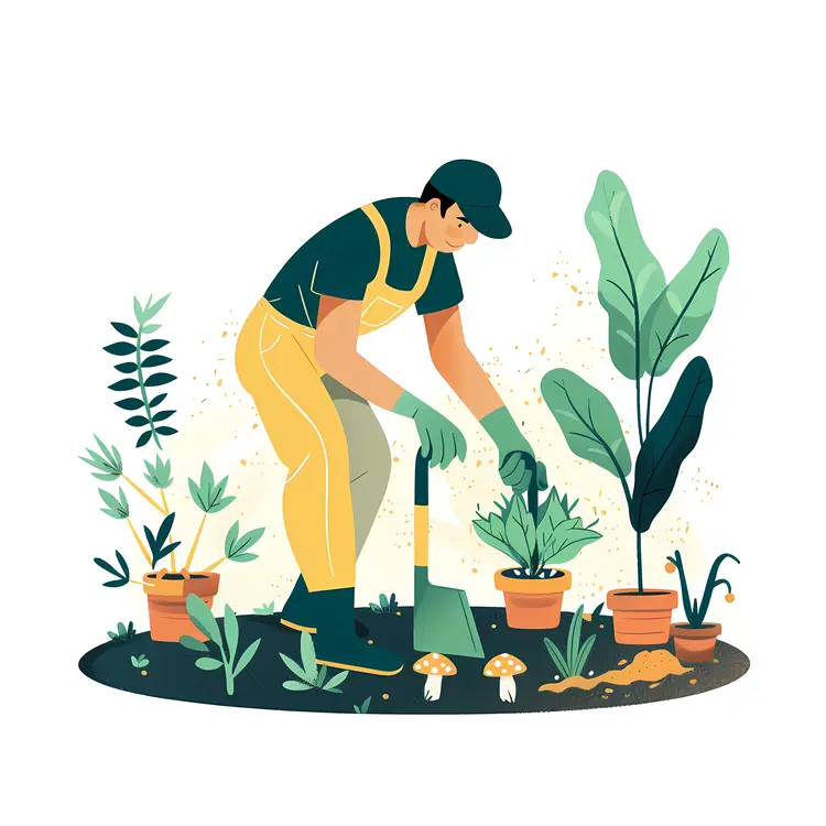 Man Gardening with Potted Plants