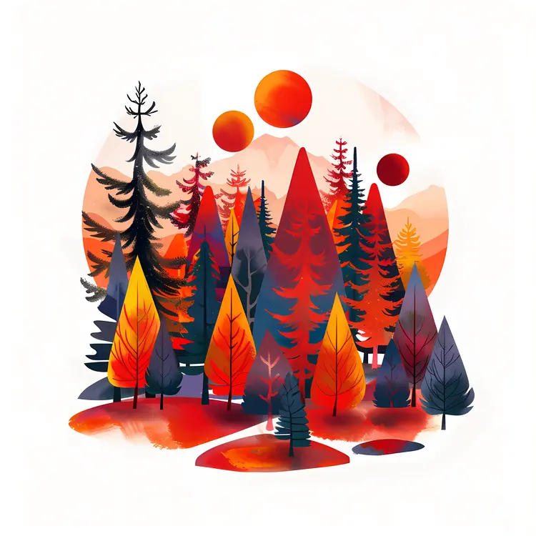 Red Sunset Forest Illustration