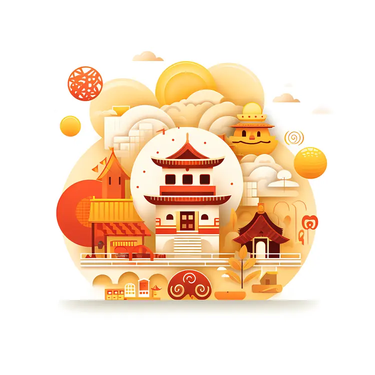 Decorative Temple Illustration with Clouds