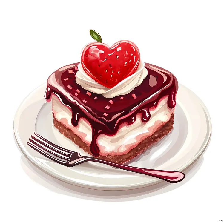 Cake Slice with Strawberry and Chocolate Syrup