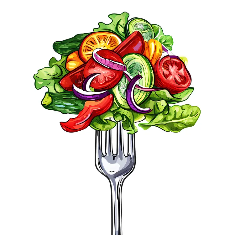 Tasty Salad on Fork with Fresh Vegetables