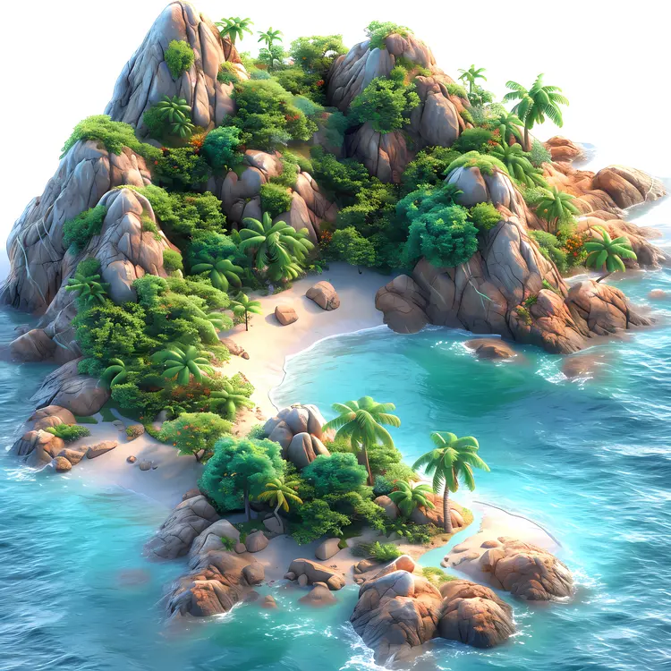 Small Tropical Island with Palm Trees and Rocks