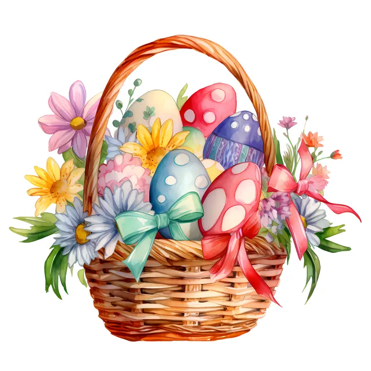 Colorful Easter Basket with Flowers and Eggs
