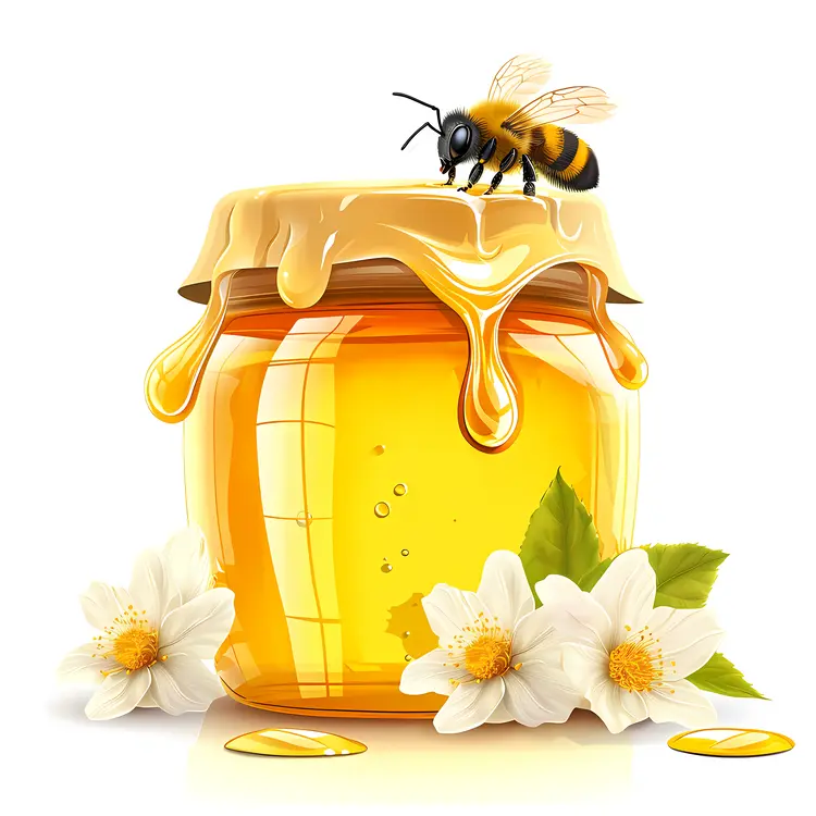 Golden Honey Jar with Bee and Flowers