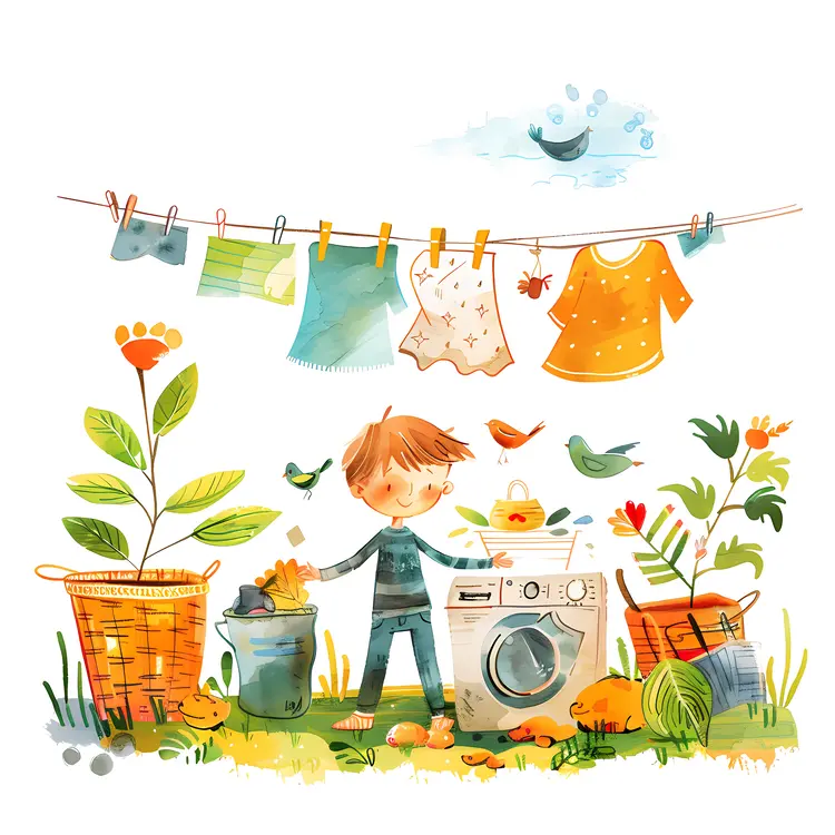 Child Doing Laundry in Garden