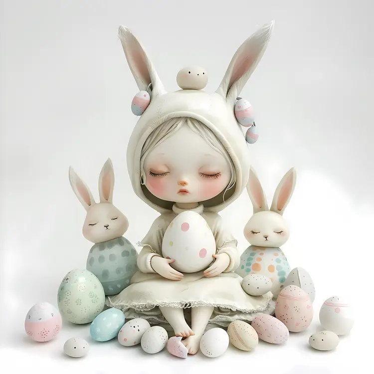 Girl with Bunny and Eggs Illustration