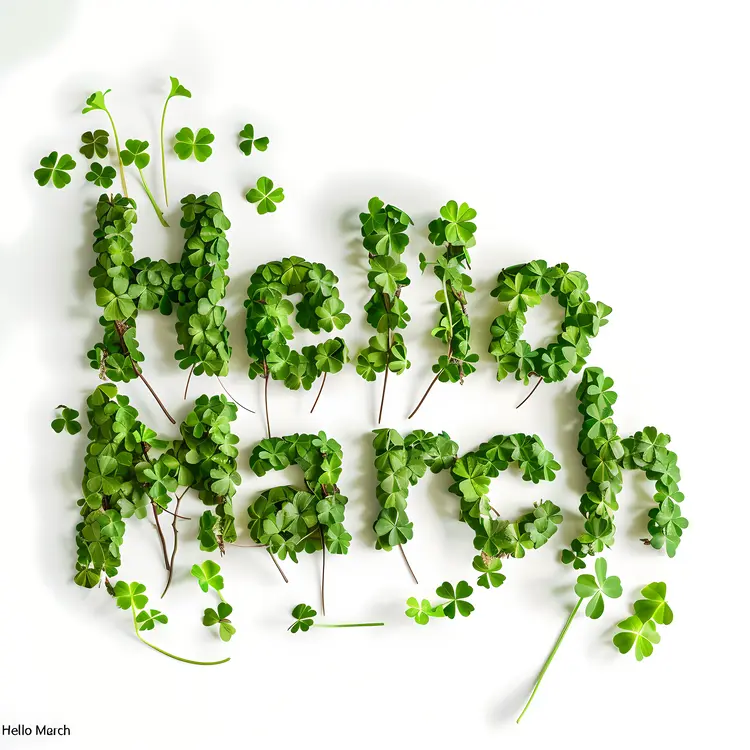 Hello March Text with Clover Design