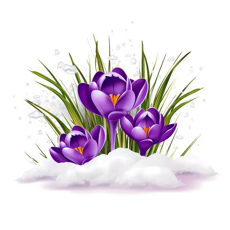 Purple Crocuses Blooming in Snow