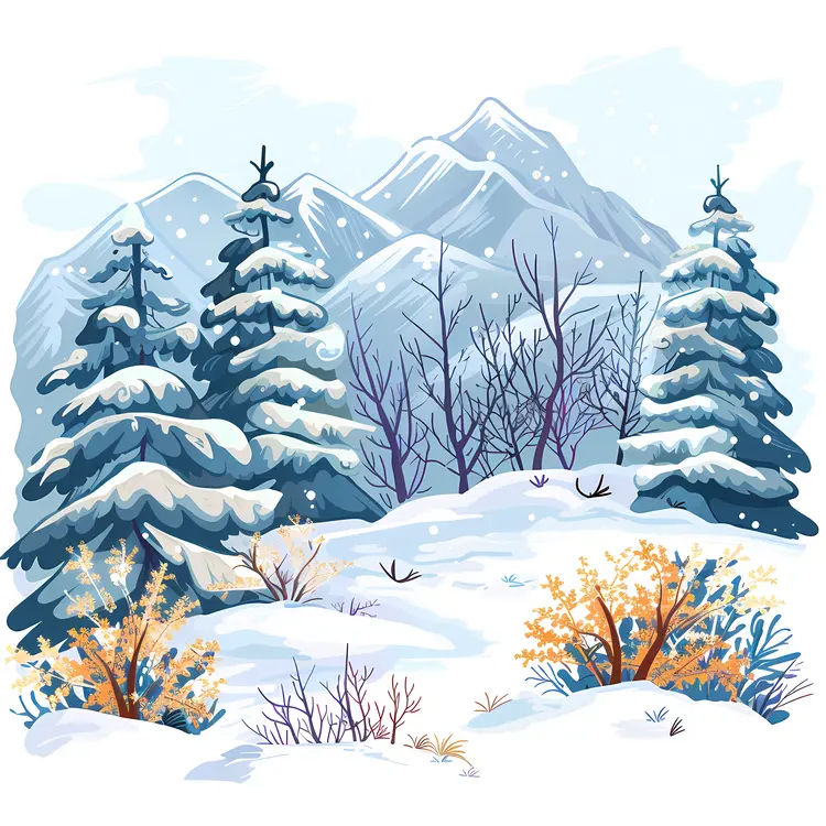 Snowy Forest with Mountains