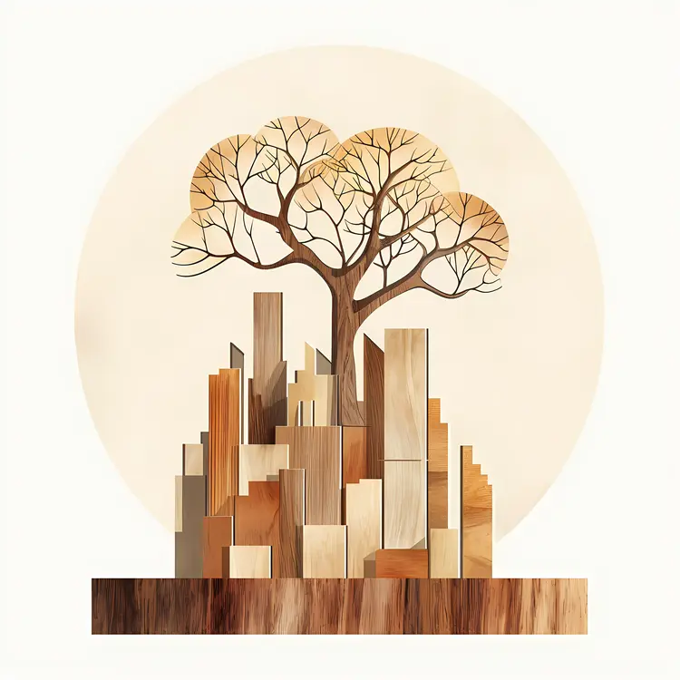 Abstract Tree with Wooden Blocks and Geometric Shapes