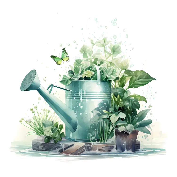 Watering Can with Butterfly and Plants