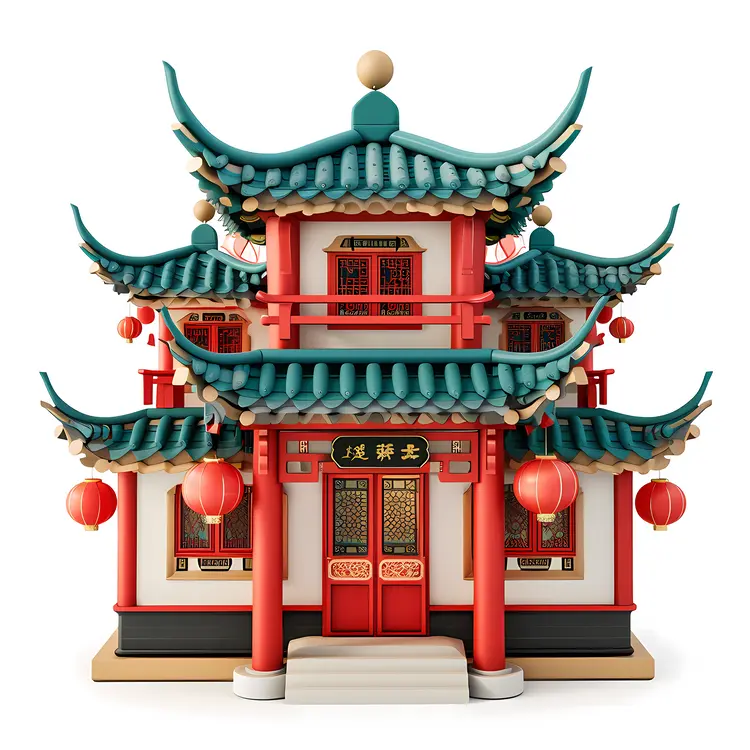Traditional Chinese House with Red Lanterns