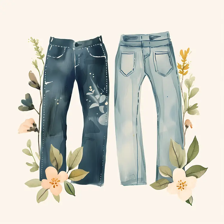 Two Pairs of Jeans with Flowers Illustration