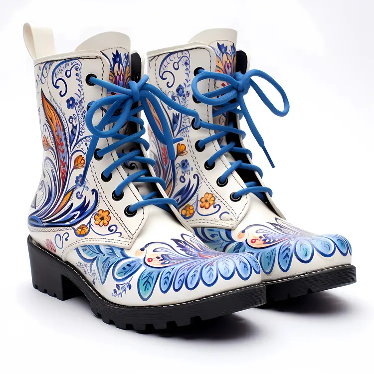Floral Pattern Boots with Blue Laces