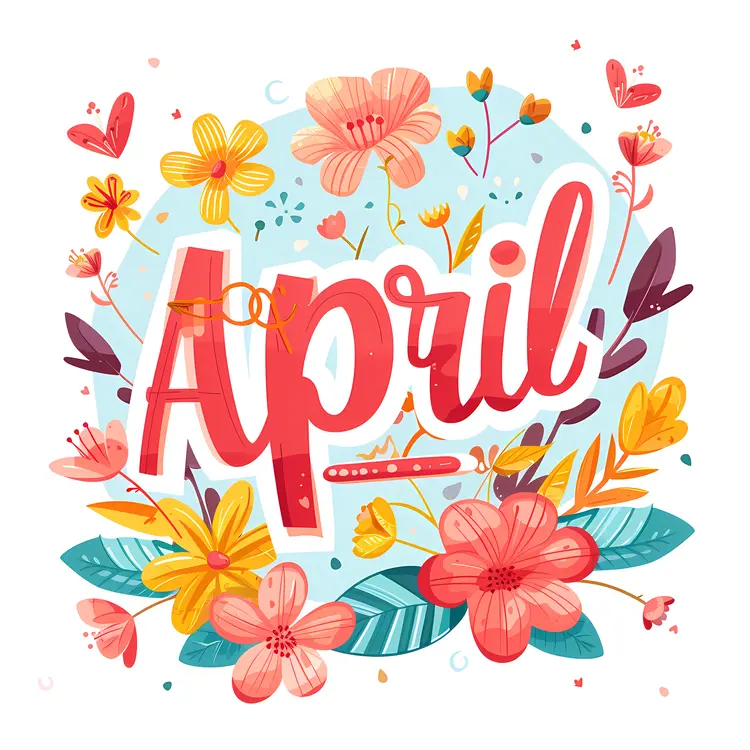 April Text with Vibrant Flowers and Butterflies