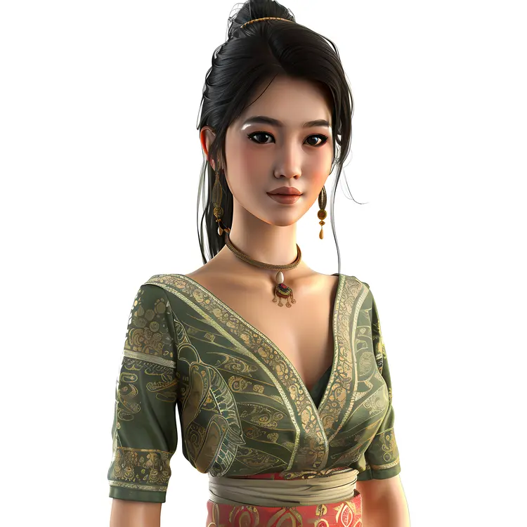 Animated Woman in Traditional Dress with Jewelry