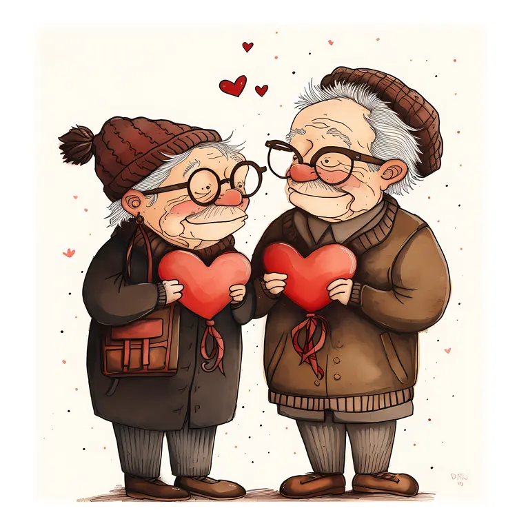Elderly Couple Holding Hearts Illustration