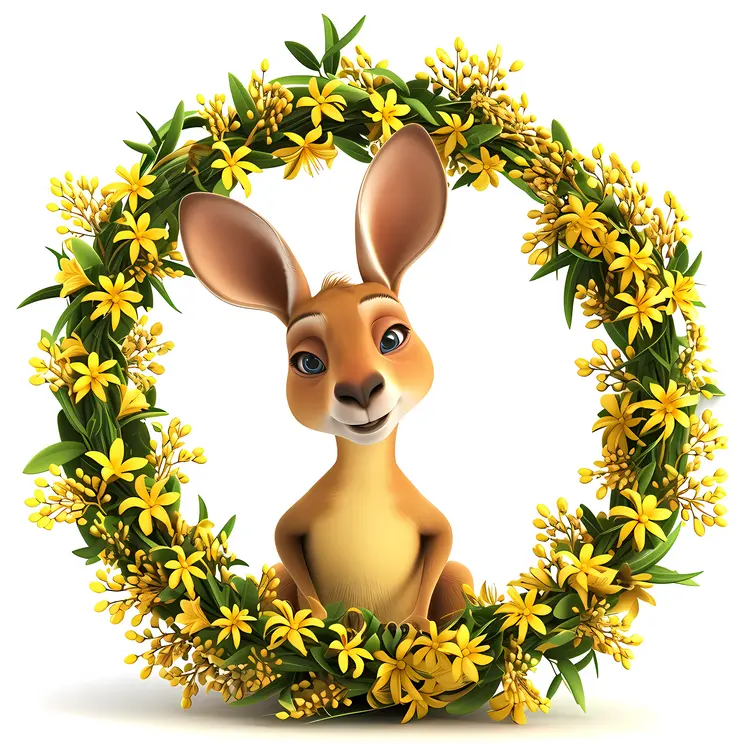 Cute Kangaroo in Yellow Floral Wreath