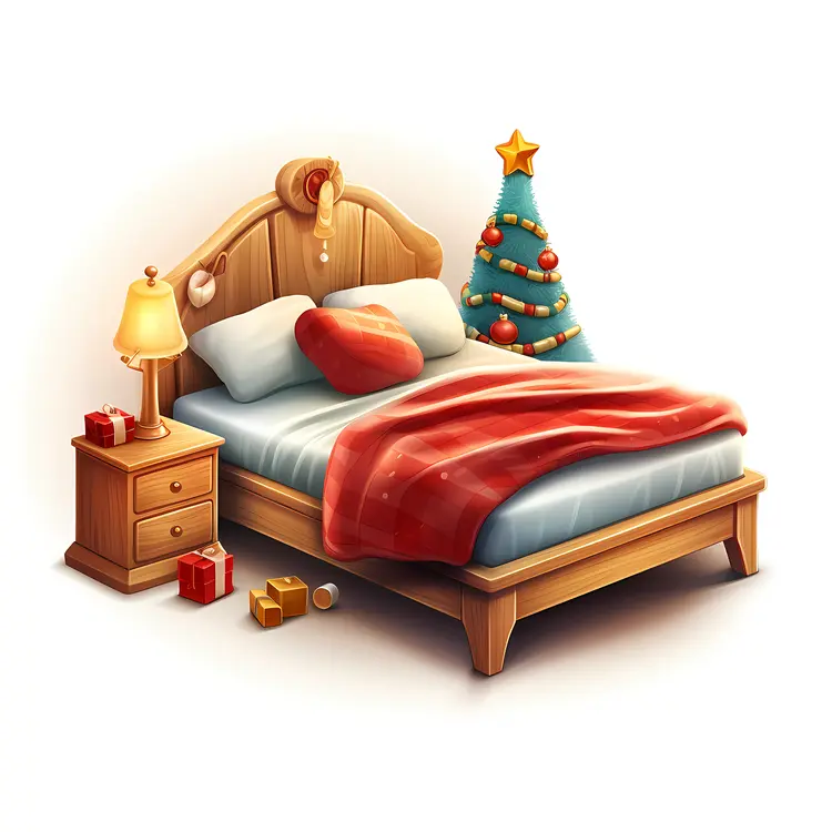 Bed with Christmas Tree and Presents