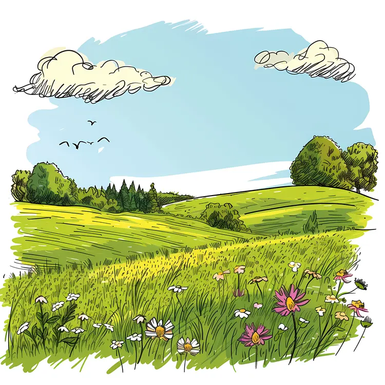 Beautiful Green Field with Flowers and Trees