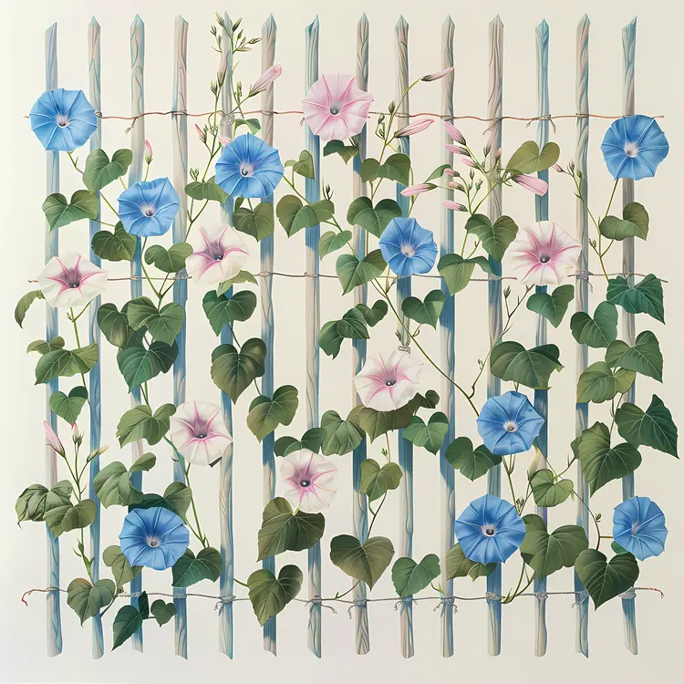 Morning Glory Flowers on White Picket Fence