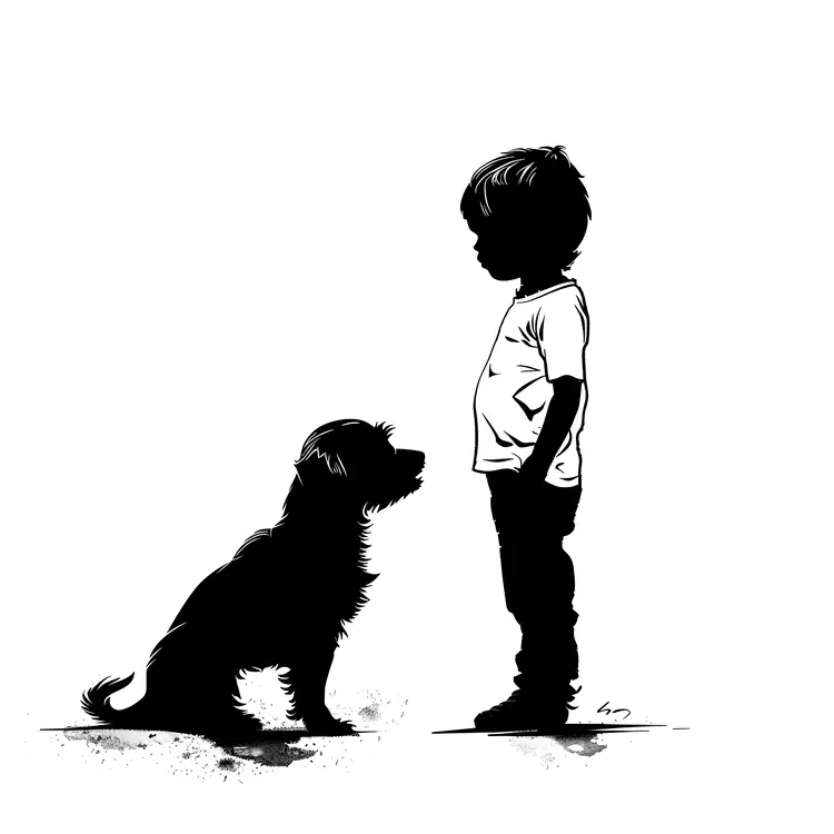 Black and White Silhouette of Child with Dog