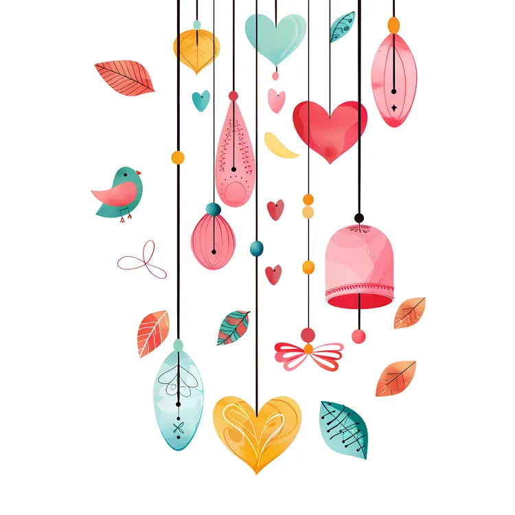 Colorful Hanging Decorations with Hearts and Bird