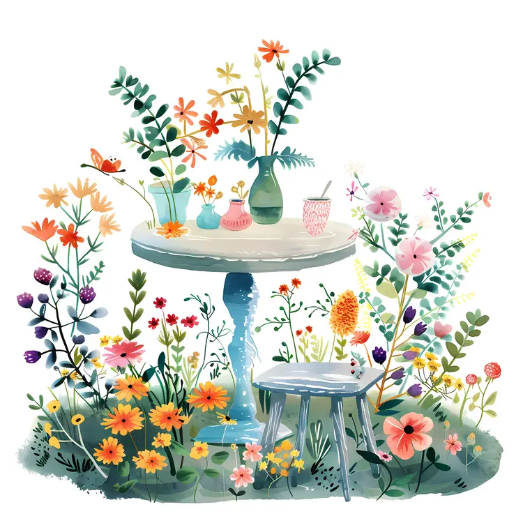Garden Table with Vases and Flowers
