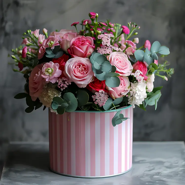 Pink and White Floral Arrangement in Striped Box