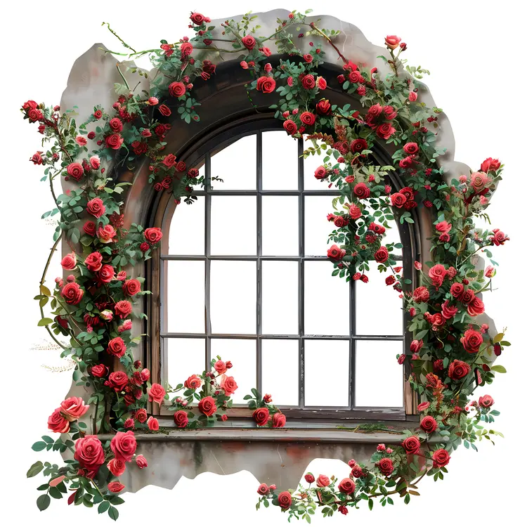 Red Roses Around an Arched Window