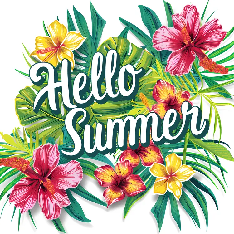 Hello Summer Tropical Flowers Illustration