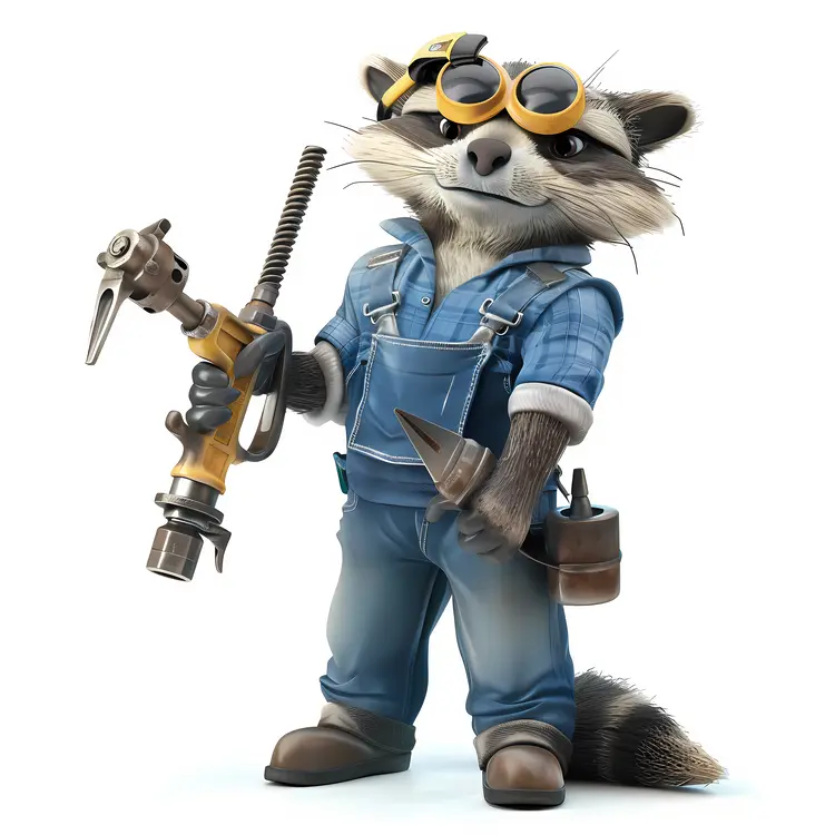 Cartoon Raccoon with Goggles and Tools