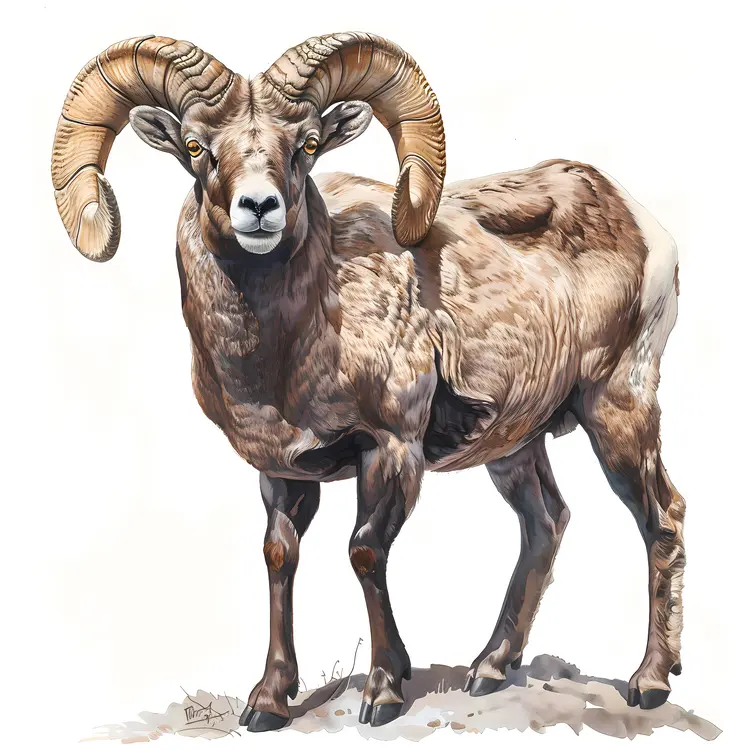 Full Body Illustration of a Ram with Large Curved Horns