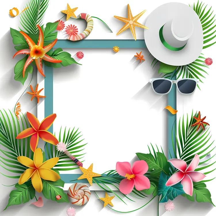 Tropical Summer Frame with Flowers and Hat
