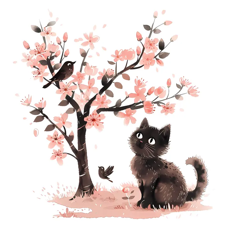 Black Kitten with Cherry Blossom Tree
