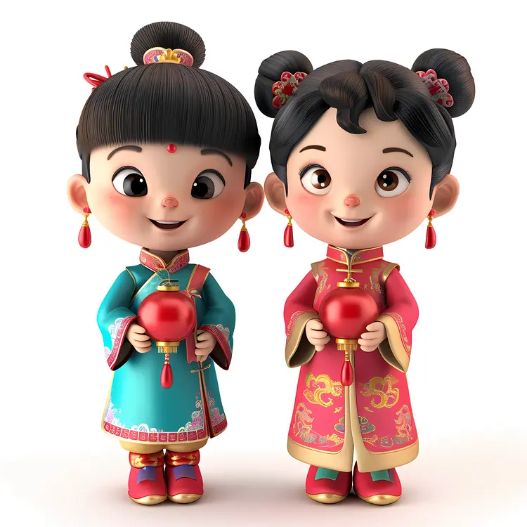 Cute Children in Traditional Attire Celebrating Chinese New Year
