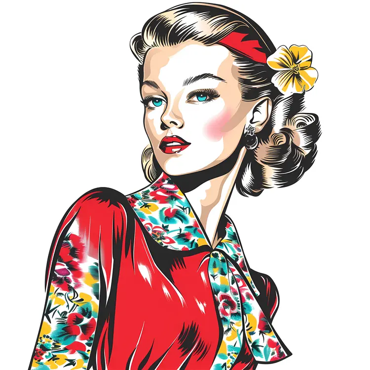 Vintage Woman in Floral Dress Illustration