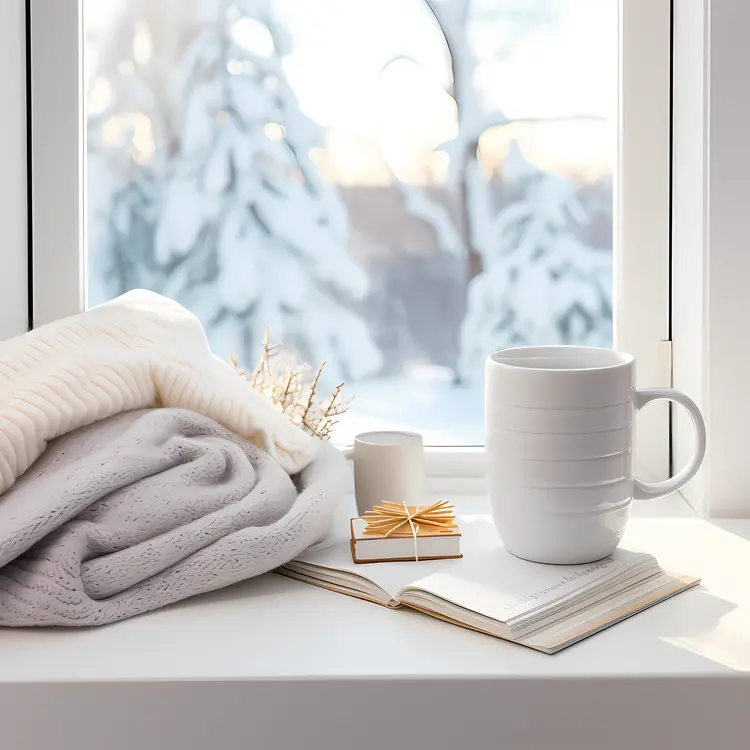 White Mug with Blanket and Book by Snowy Window
