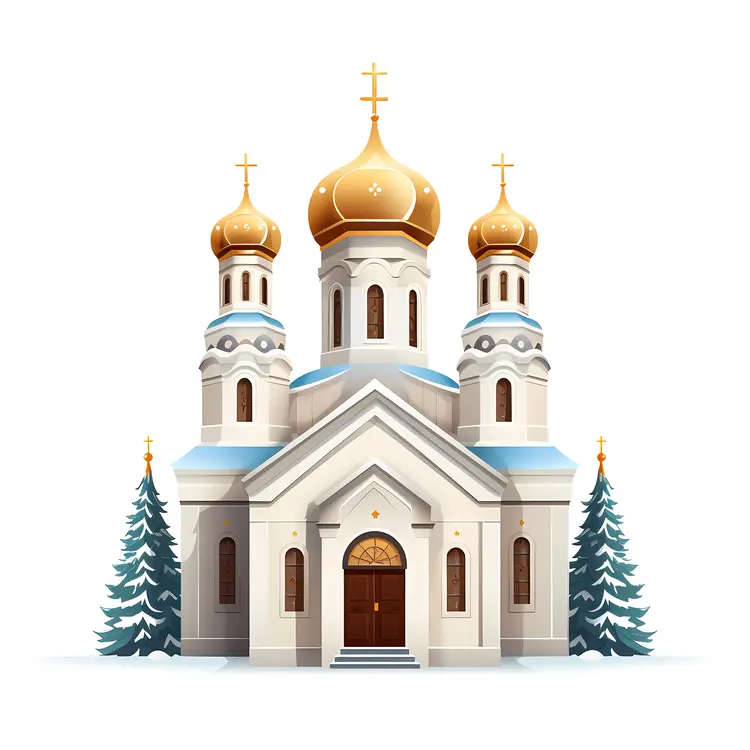 Golden Domes Orthodox Church with Snowy Trees