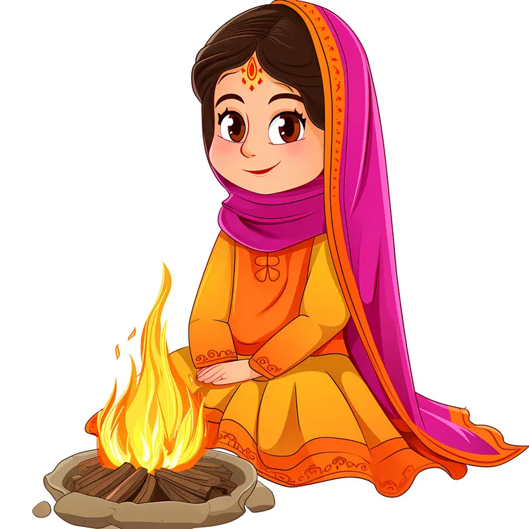 Girl in Traditional Clothing Sitting by Fire